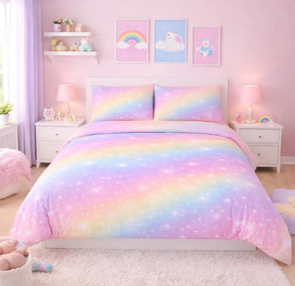 Pastel rainbow galaxy duvet cover with two matching pillowcases in a pink bedroom